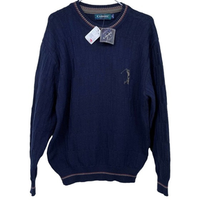 Vintage 90s NWT Deadstock Knit Carmel Golf Sweater Medium Crewneck Navy Blue Vtg
